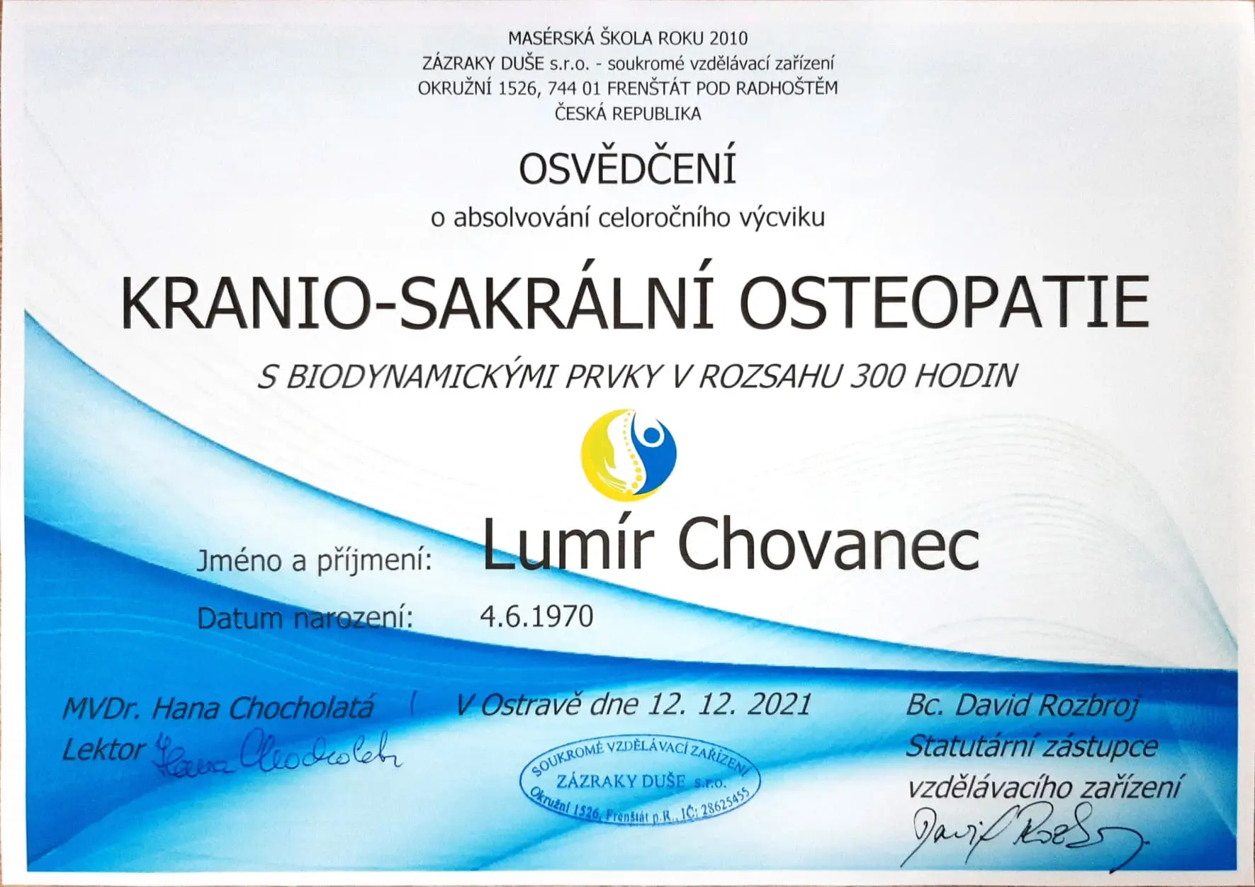 Osvědčení Kranio Sakralni osteopatie