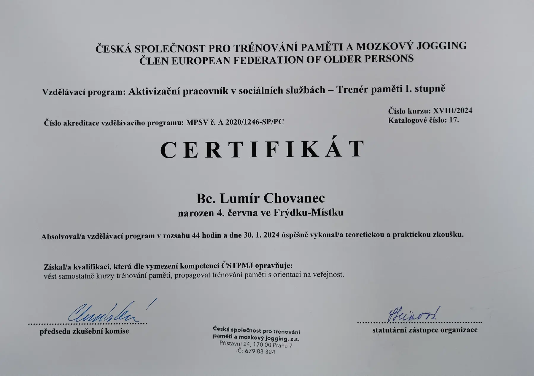 Certifikát Trener Pameti
